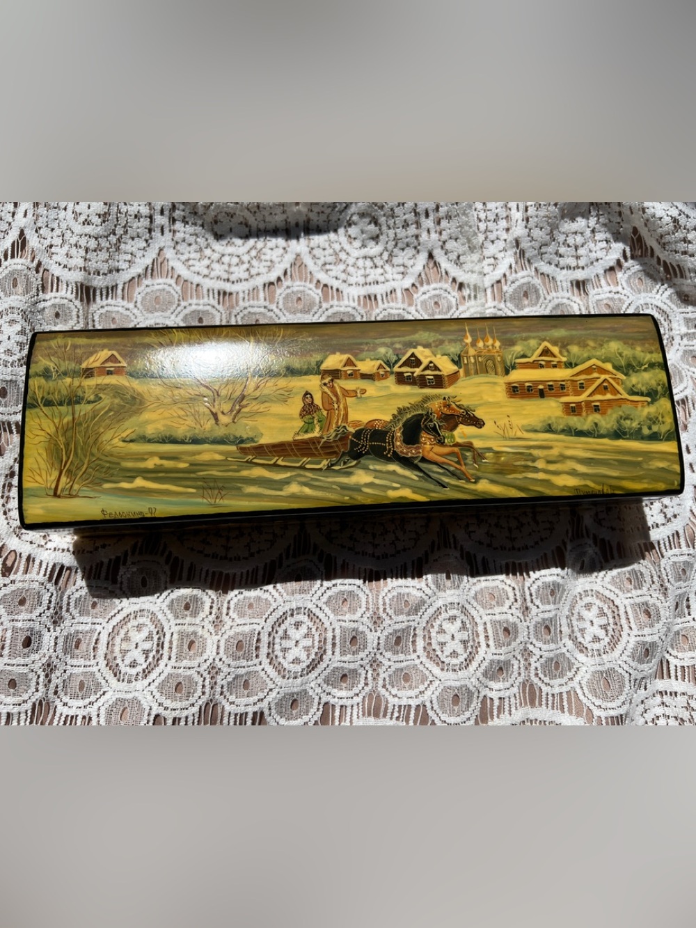Vintage Hand-Painted Russian Lacquer Box — Winter Troika Scene